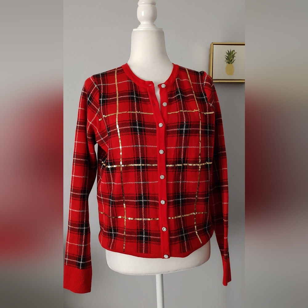 Charter Club Sweater Color Red And Black Sequin Gold Buttons Front Size Medium